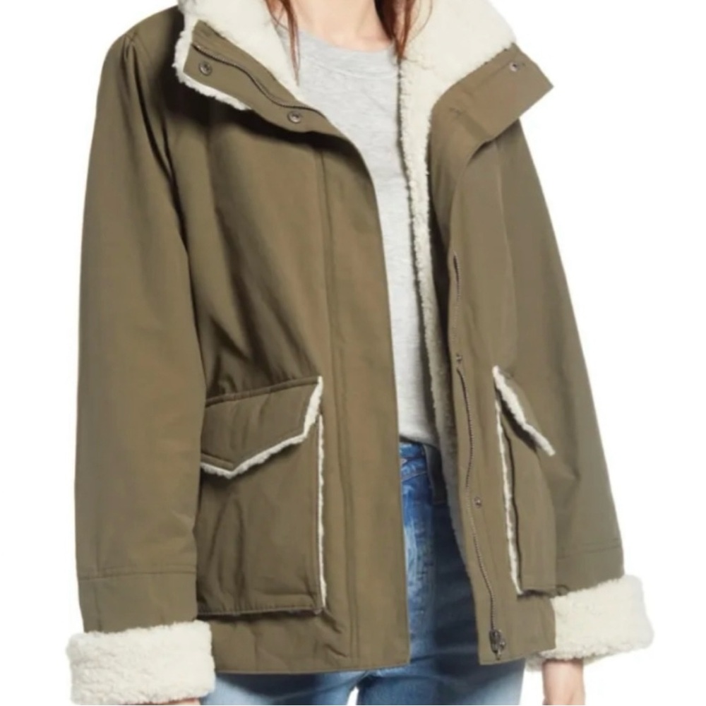 Thread & Supply Caledonia Faux Sherpa Cozy Jacket in Dark Olive, Size Medium